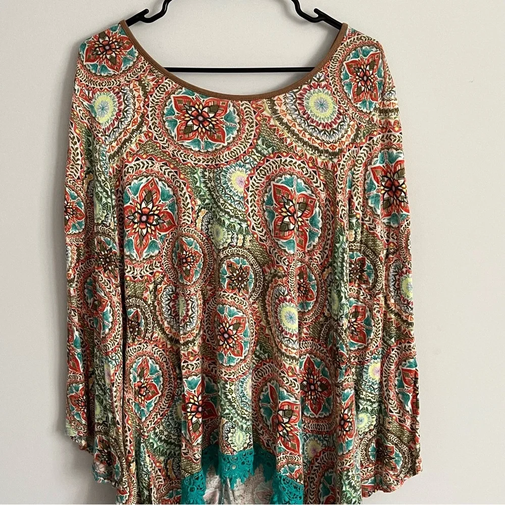New Directions Multi-Color Medallion Print Crochet Hem Long Sleeve Blouse